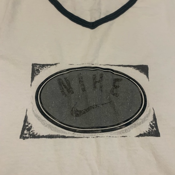💙 Vintage Nike V-Neck Ringer T-Shirt - White with Black Trim - XL - Made in USA - Picture 2 of 10